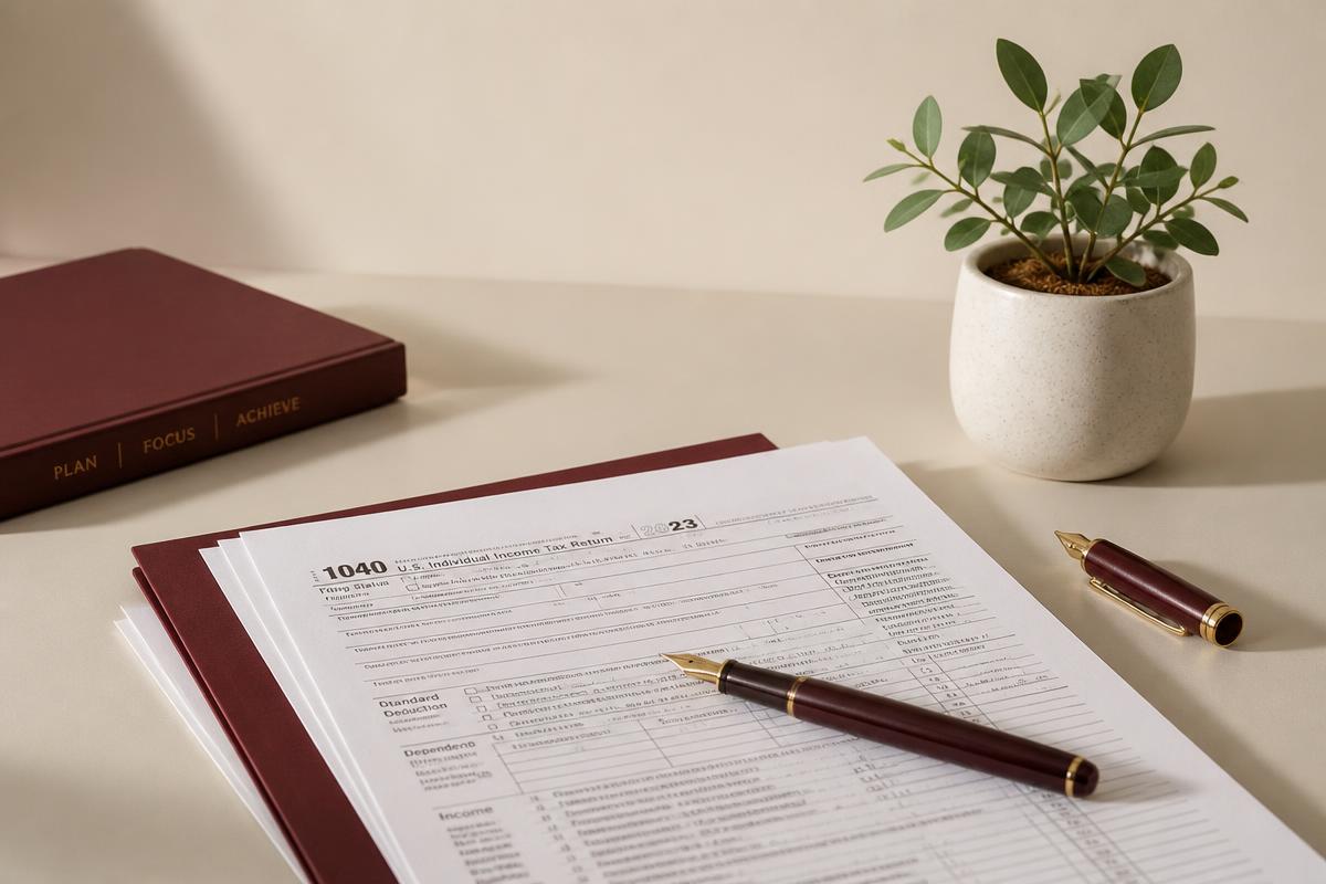 Tax documents and a fountain pen on a desk at Howard CPA